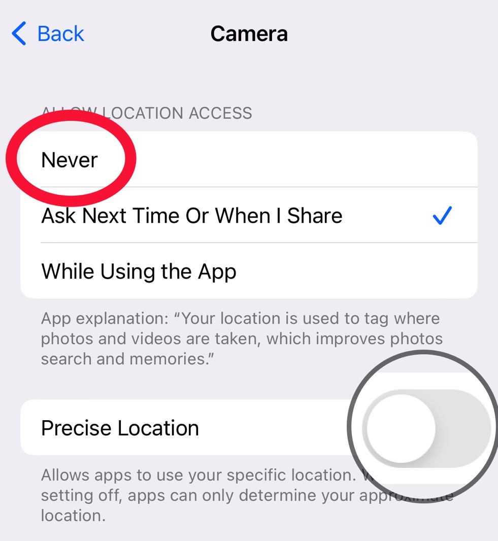 How to change the iPhone Camera's access to location data.